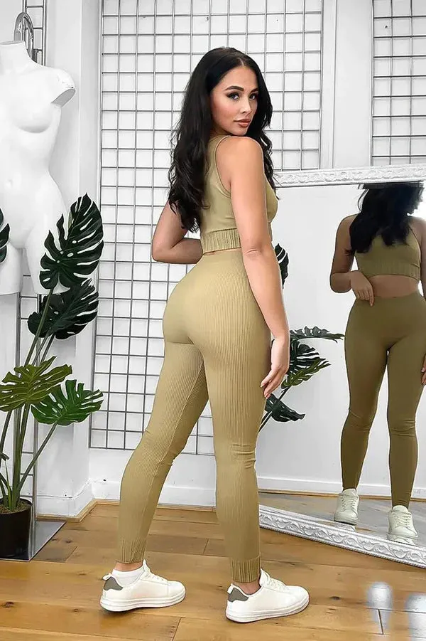 BEIGE RIBBED FINISH CROPPED SLEEVELESS TOP & LEGGINGS ACTIVEWEAR SET