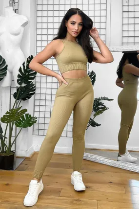 BEIGE RIBBED FINISH CROPPED SLEEVELESS TOP & LEGGINGS ACTIVEWEAR SET