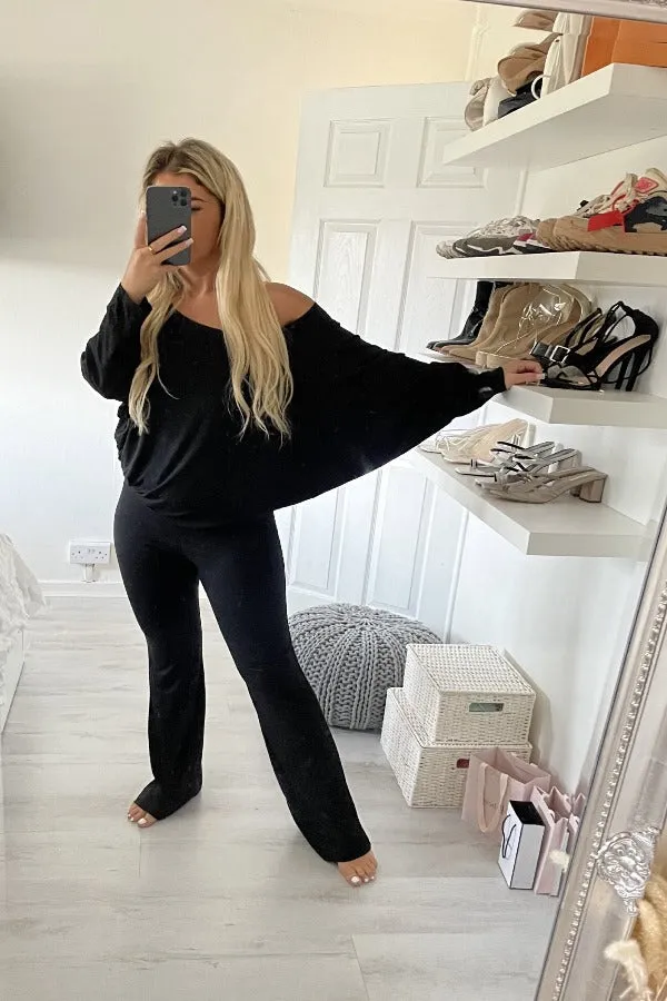 BLACK BUTTERFLY TOP & WIDE TROUSERS OVERSIZED LOUNGE SET