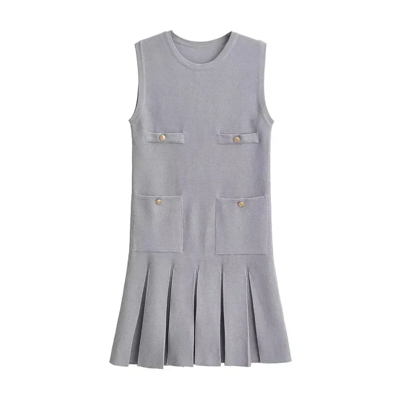 Black Friday Sonicelife Fashion Folds Knitted Mini Dress For Women Elegant Sleeveless With Pocket Vest Dress High Waisted  Clubs Party Summer