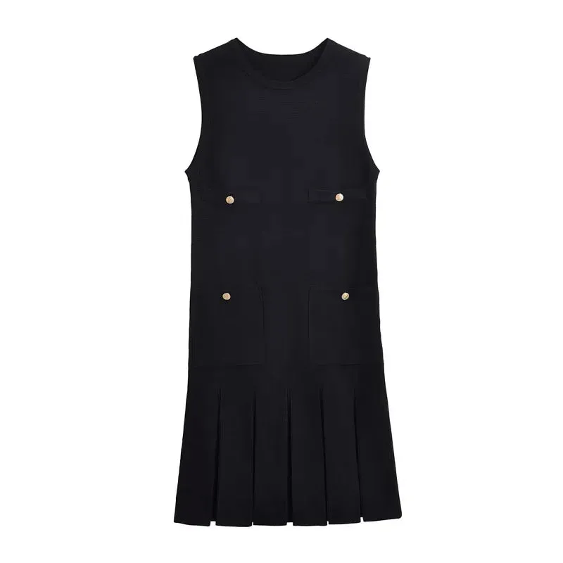 Black Friday Sonicelife Fashion Folds Knitted Mini Dress For Women Elegant Sleeveless With Pocket Vest Dress High Waisted  Clubs Party Summer