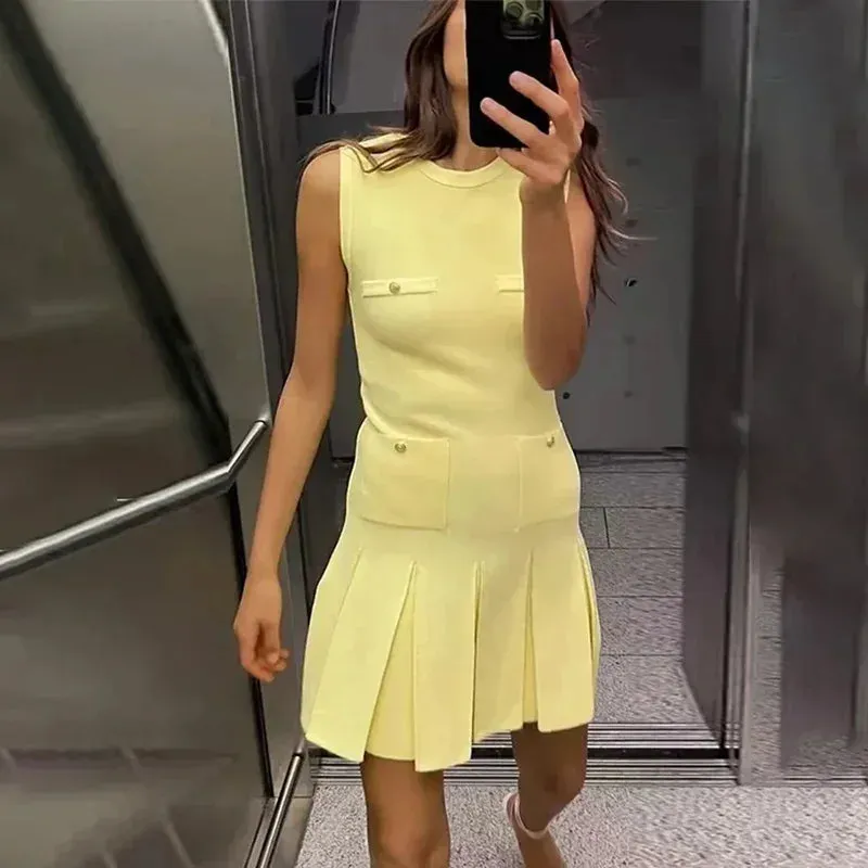 Black Friday Sonicelife Fashion Folds Knitted Mini Dress For Women Elegant Sleeveless With Pocket Vest Dress High Waisted  Clubs Party Summer