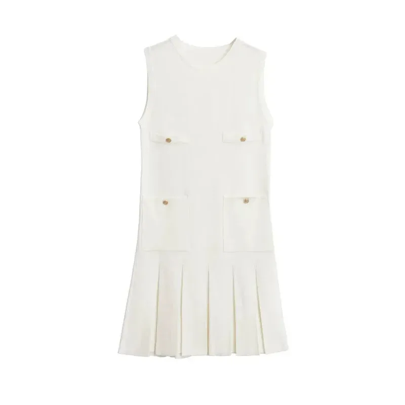 Black Friday Sonicelife Fashion Folds Knitted Mini Dress For Women Elegant Sleeveless With Pocket Vest Dress High Waisted  Clubs Party Summer