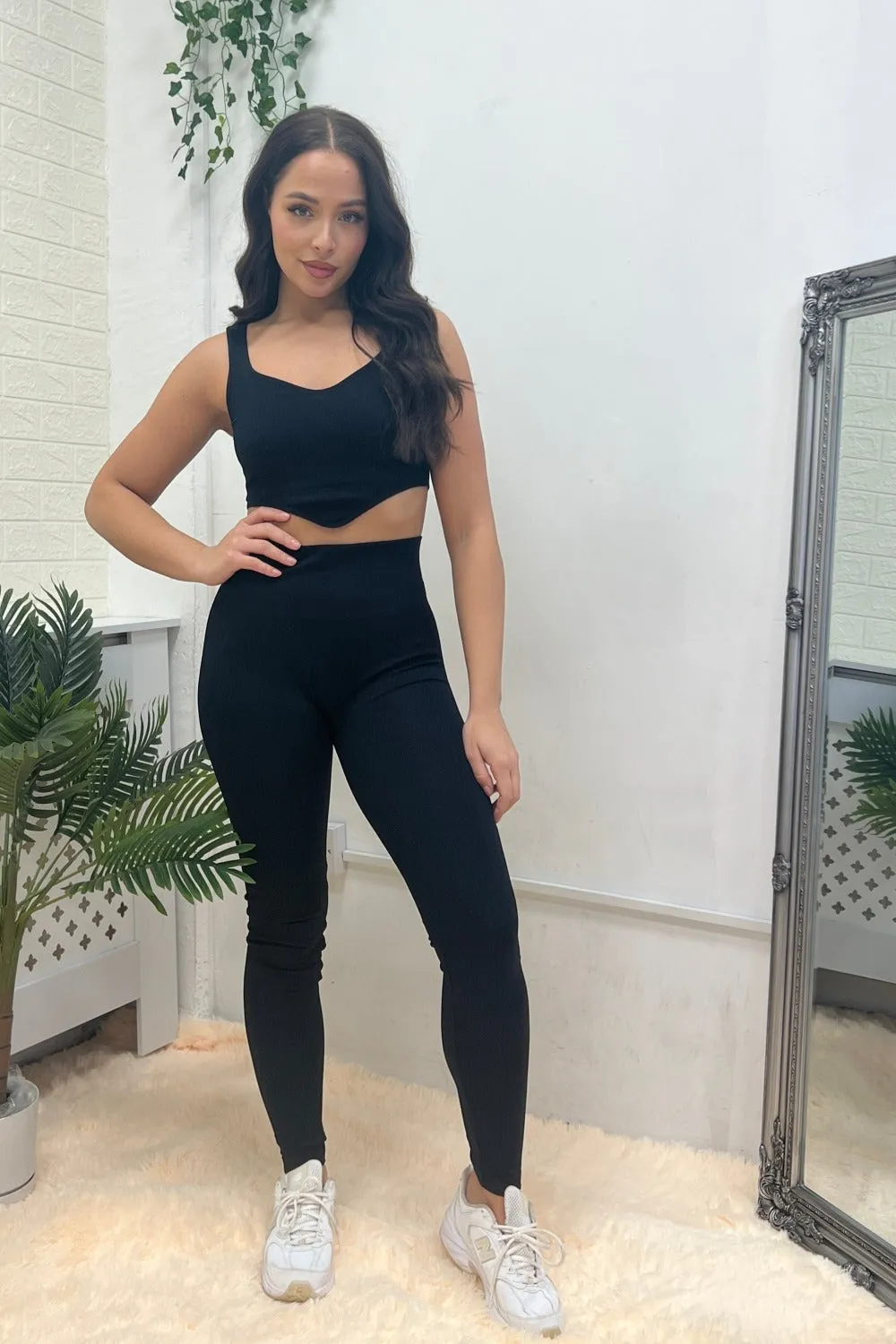 BLACK RIBBED ASYMMETRIC TANK TOP & LEGGINGS ACTIVEWEAR SET