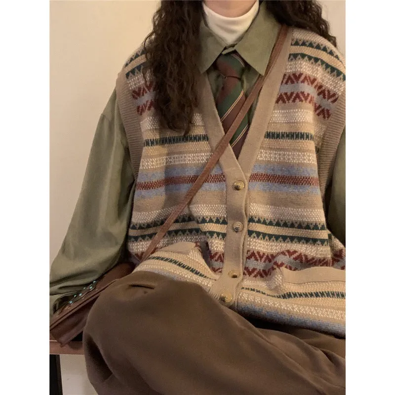 christmas outfit Sonicelife Preppy Print Oversized V-Neck Knitted Vest