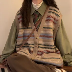 christmas outfit Sonicelife Preppy Print Oversized V-Neck Knitted Vest