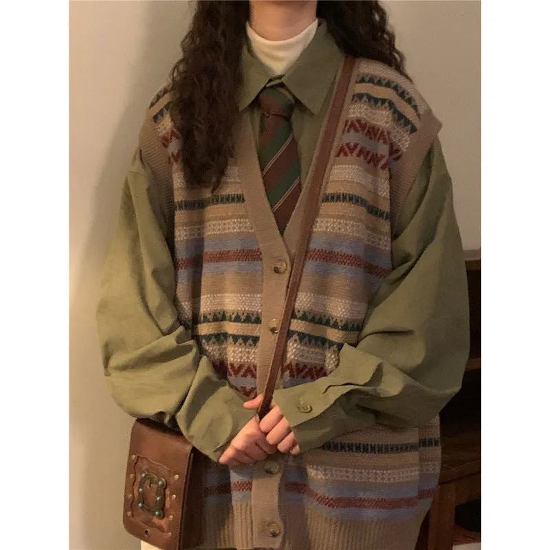 christmas outfit Sonicelife Preppy Print Oversized V-Neck Knitted Vest