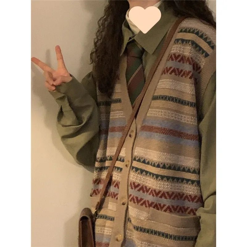 christmas outfit Sonicelife Preppy Print Oversized V-Neck Knitted Vest