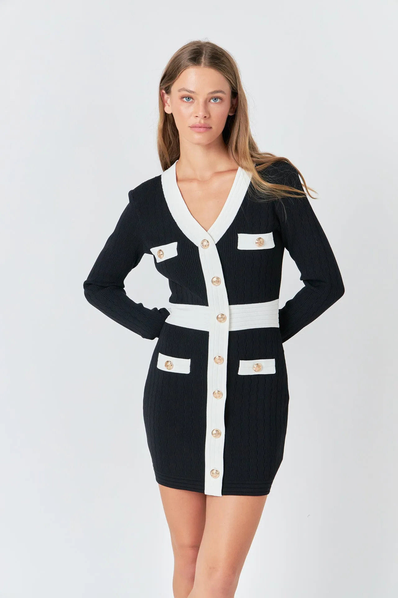 Contrast detail V-neck Knit Mini Dress