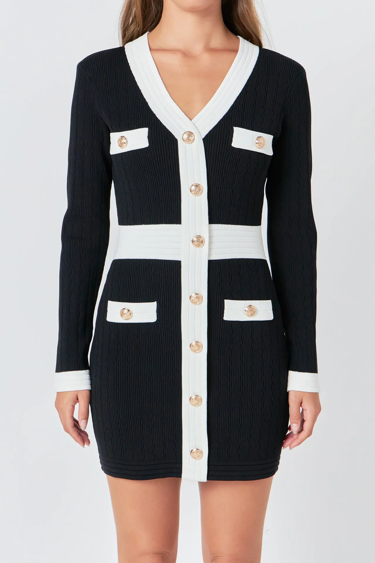Contrast detail V-neck Knit Mini Dress
