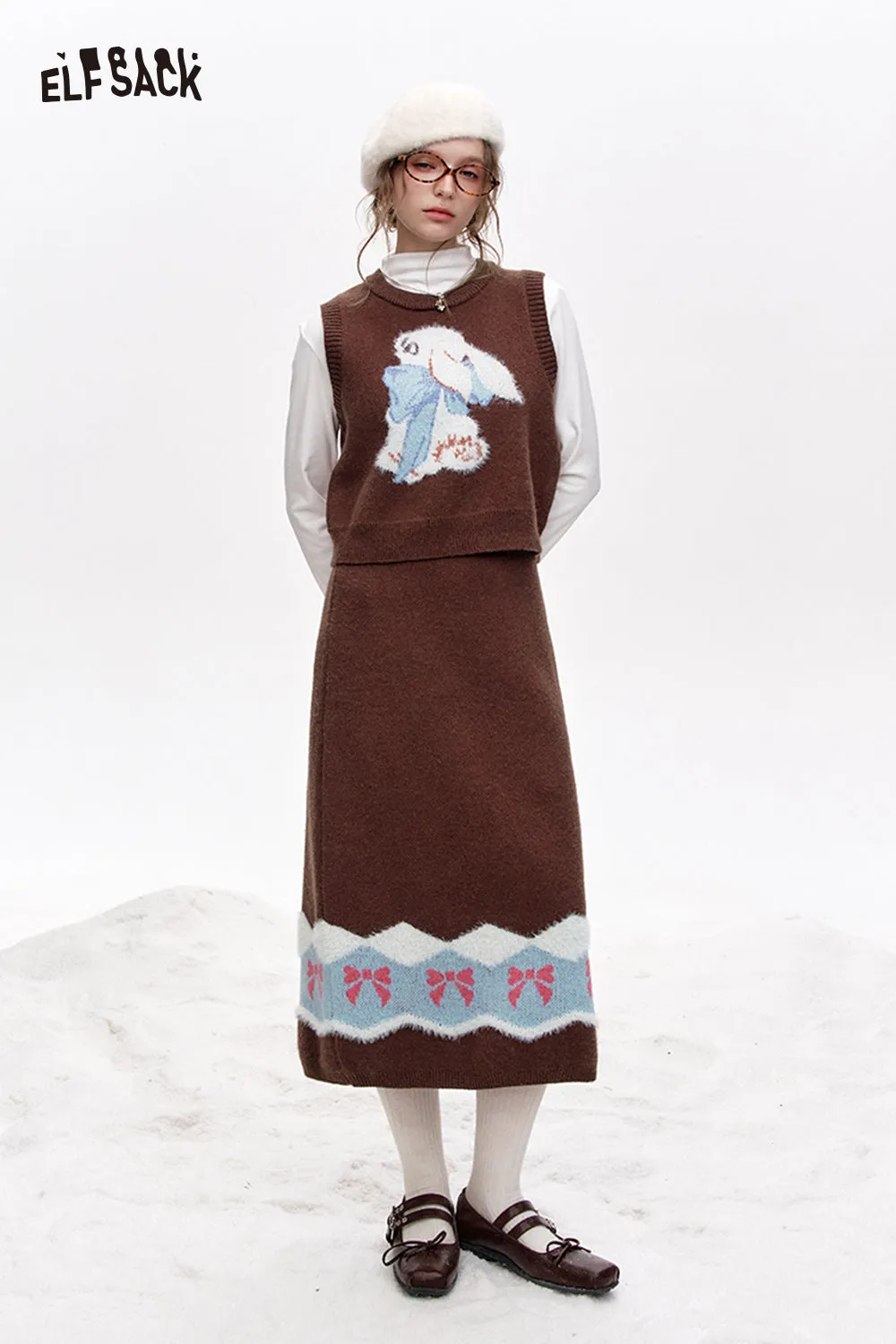 ELFSACK 2024 Winter New Arrivals Preppy style bunny vest skirt knitted two-piece suit for women