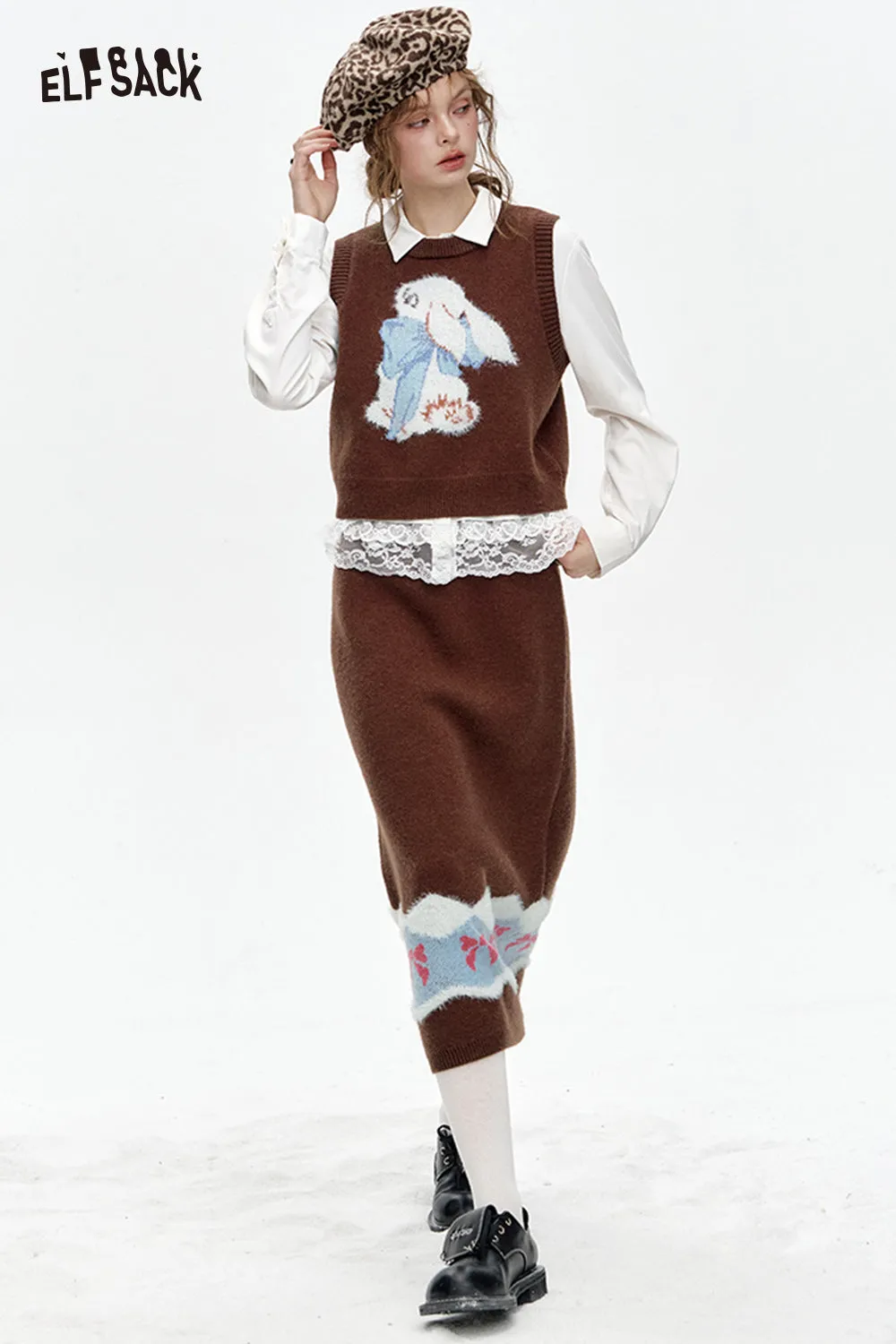 ELFSACK 2024 Winter New Arrivals Preppy style bunny vest skirt knitted two-piece suit for women