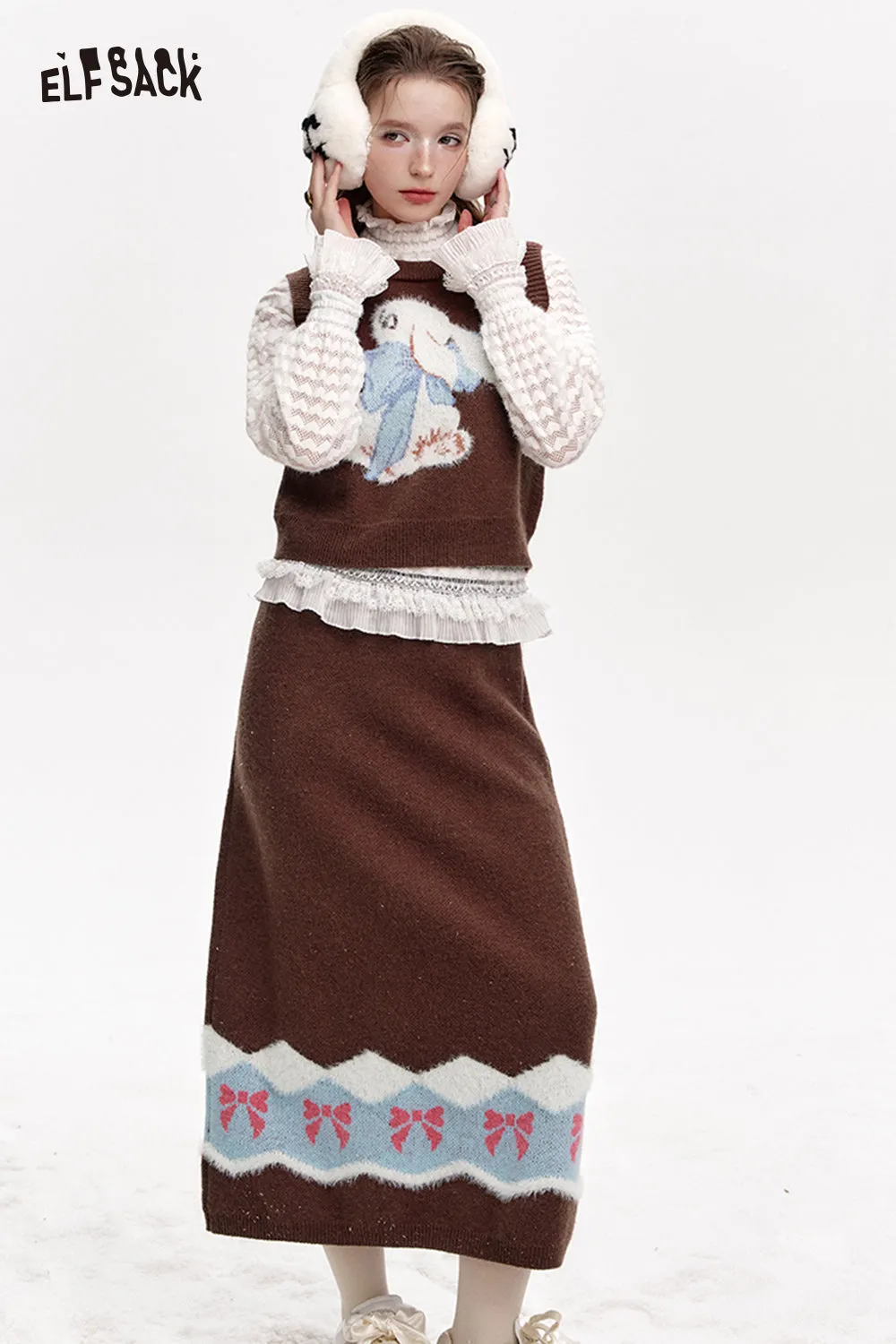 ELFSACK 2024 Winter New Arrivals Preppy style bunny vest skirt knitted two-piece suit for women