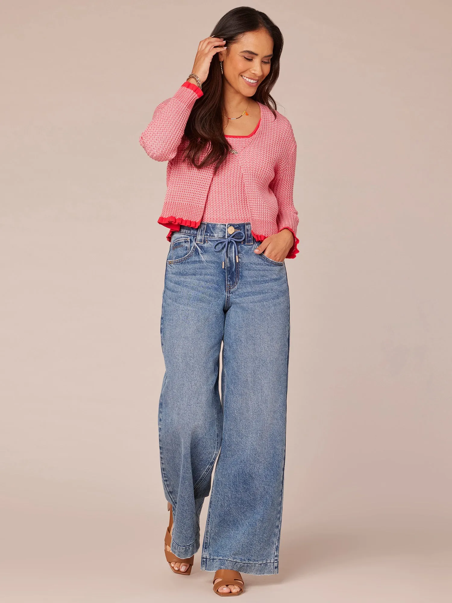 Long Sleeve Front Closure Sweater Cardigan with Tipping Detail