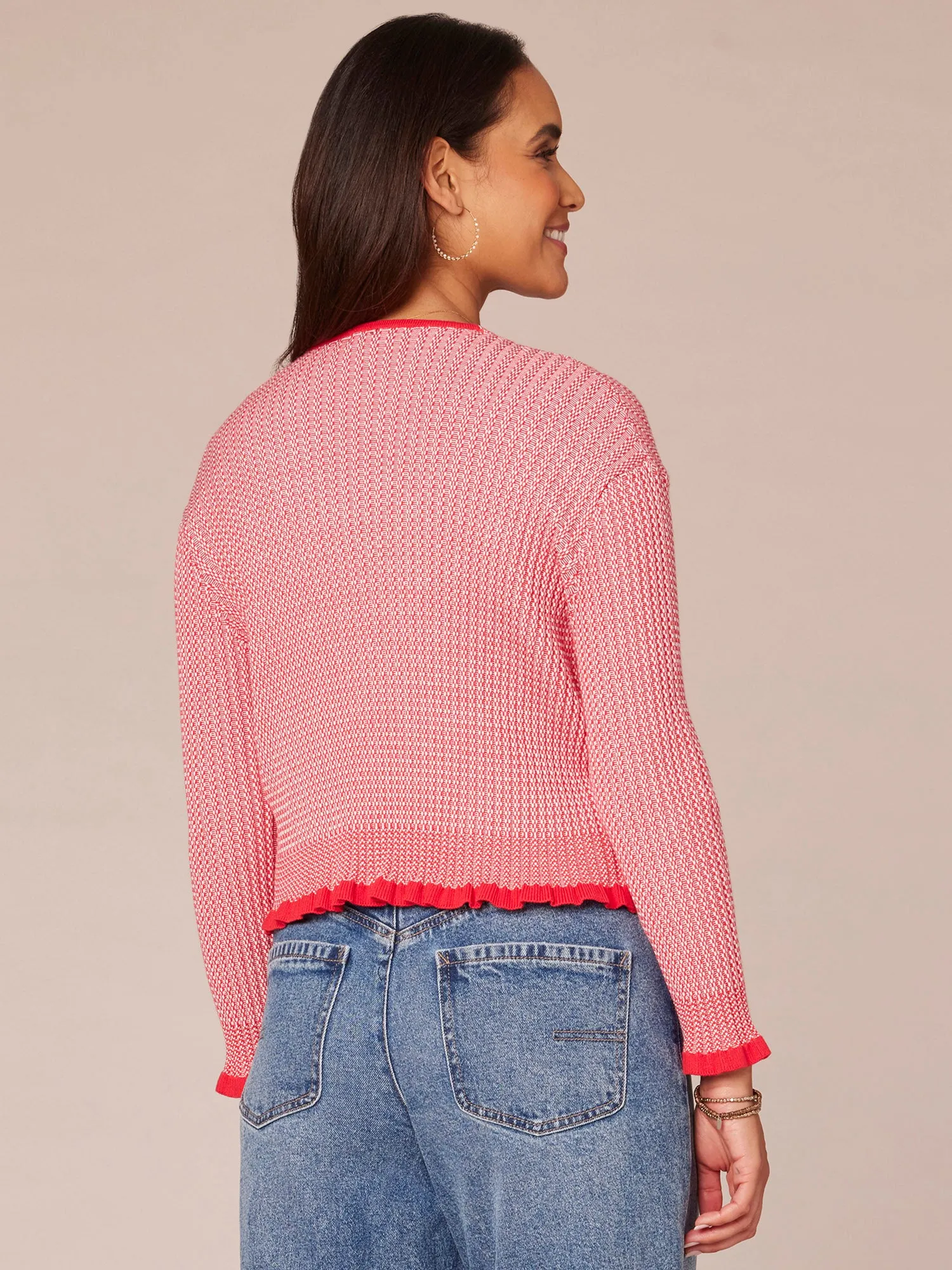 Long Sleeve Front Closure Sweater Cardigan with Tipping Detail