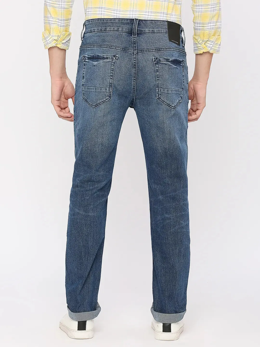 Spykar Men Mid Blue Cotton Regular Fit Narrow Length Knee Slash Mid Rise Limited Edition Jeans (Rover)