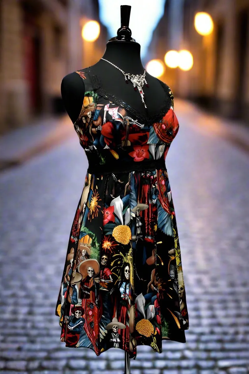 VINTAGE COCKTAIL DRESS - DIA DE LOS MUERTOS PRINT