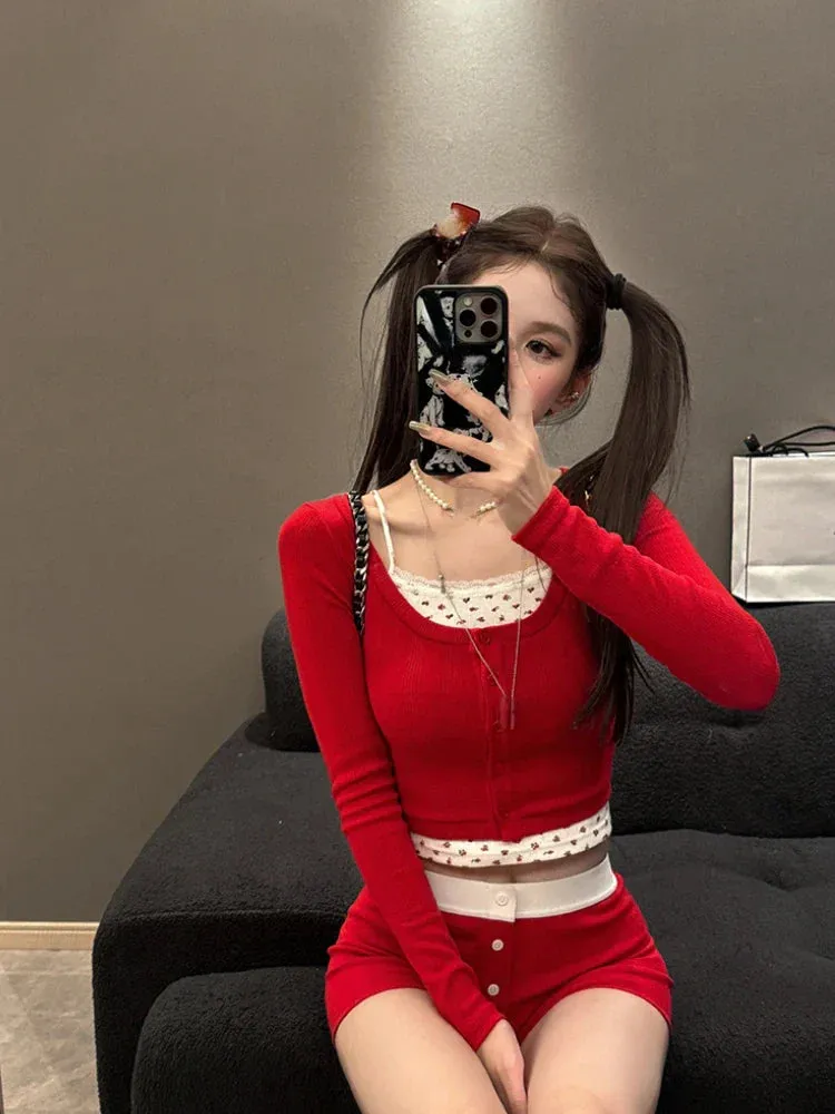 Vvsha 2024 New Korean Fashion Party 3 Piece Set Woman Knitted Cardigan   Casual Short Vest   Slim Shorts Outwear Sweet Suit Female