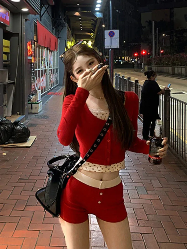Vvsha 2024 New Korean Fashion Party 3 Piece Set Woman Knitted Cardigan   Casual Short Vest   Slim Shorts Outwear Sweet Suit Female