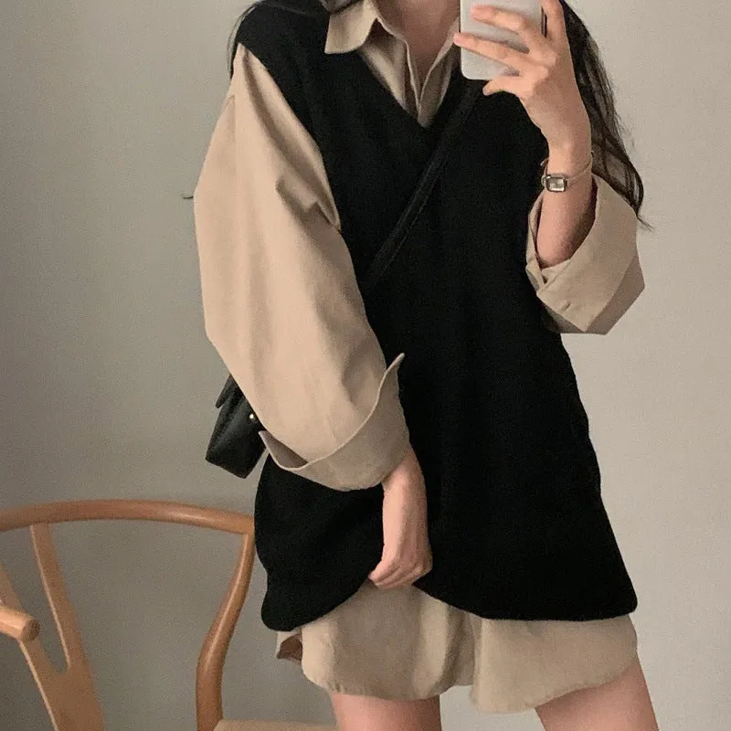 Wjczt style Chic Autumn Simple All-Match V-neck Solid Color Pullover Mid-Length Knitted Vest for Women