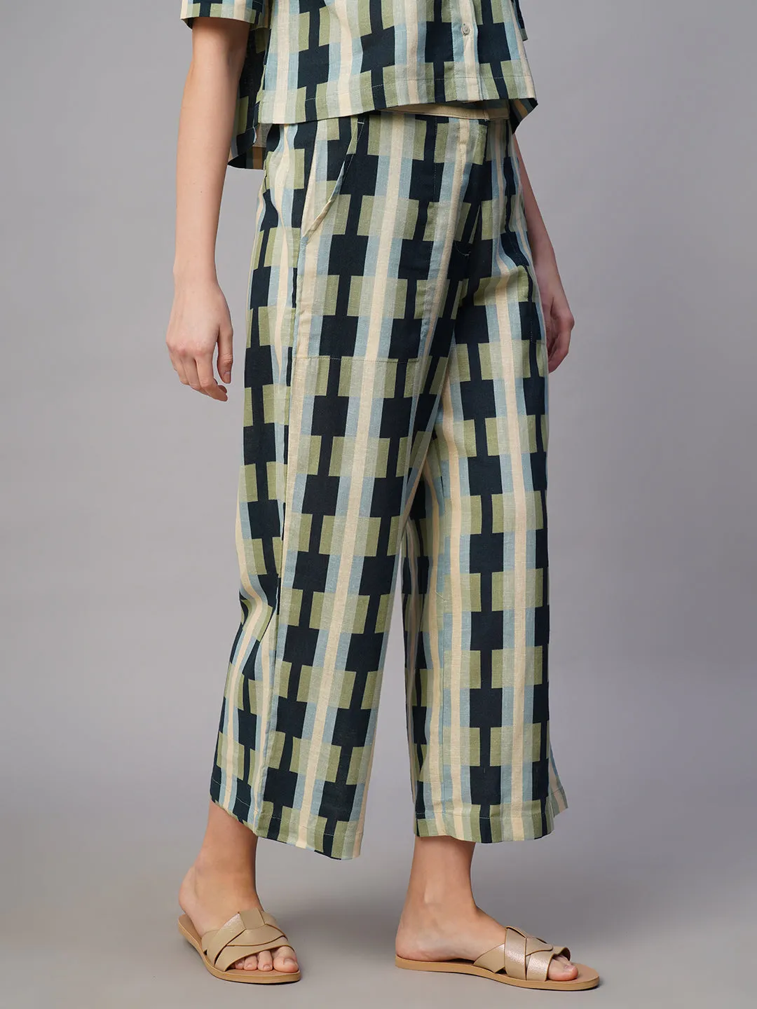 Women's Blue Cotton Flax Regular Fit Culotte